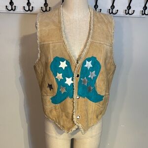 Refashioned leather sherpa Vest with Blue boots and Silver Star Accents
